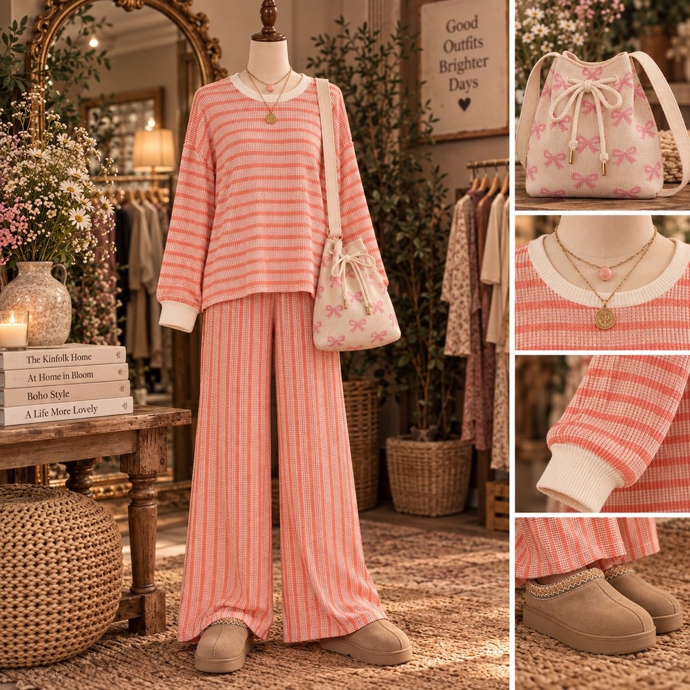 291. New Zenana Coral Raised Rib Striped Pullover and Wide Leg Pants Set Boho 2p